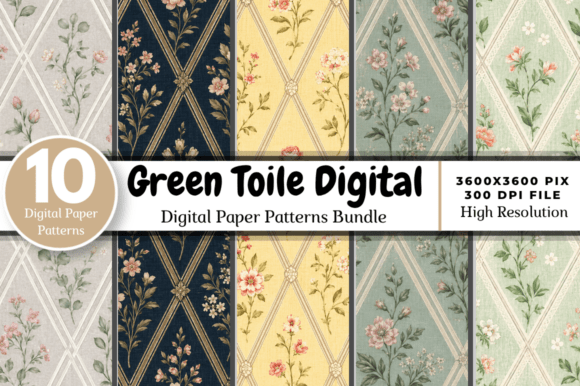 Download Green Toile Digital Paper Pack Bundle - Green Collection